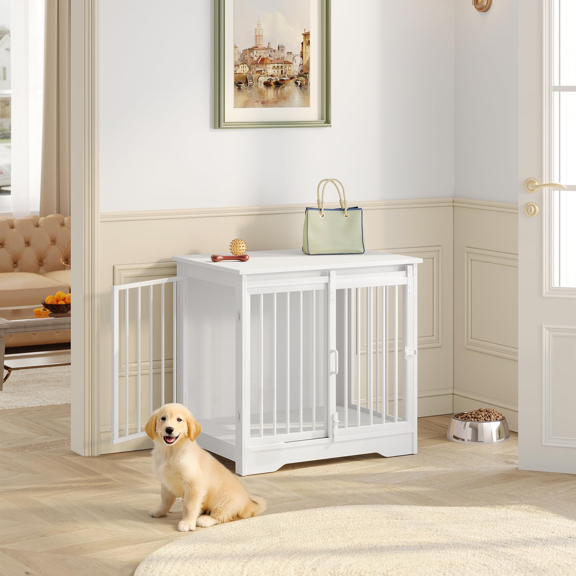 Hzuaneri 69 cm Gabbia per Cani, Tavolo Supplemento, Nicchia Moderna per Cani, Gabbia per Cuccioli, Casetta per Animali, 2 porte, 49 × 69 × 64,5 cm, Bianco DFC84313W