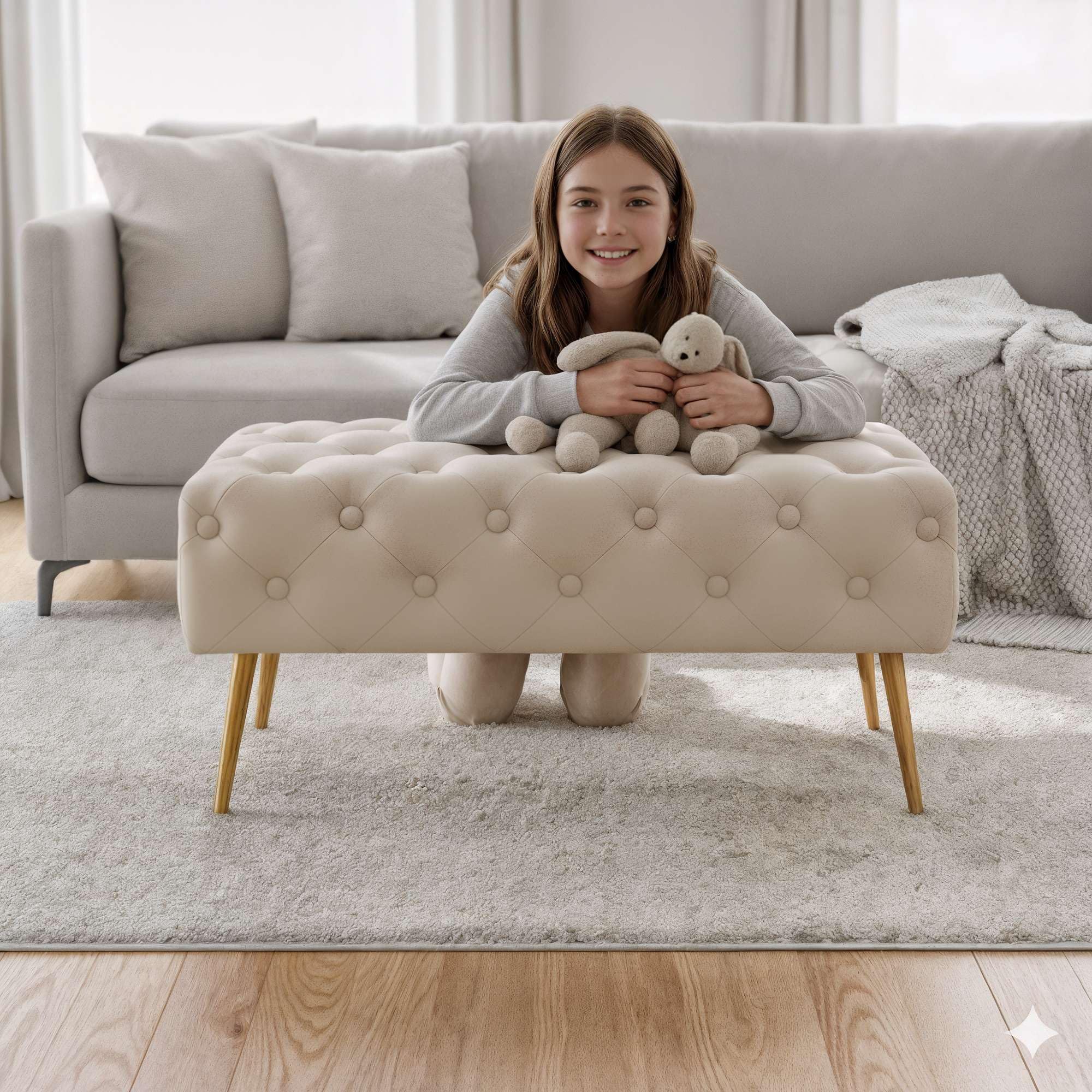 AKORD Banc Banquette en Velours Capitonné Madrid 80 cm, Bout de lit Capitonnée, Piètement Métal Doré, Repose-Pieds, 80 x 41 x 42 cm, pour Entrée Salon Chambre à Coucher, Beige