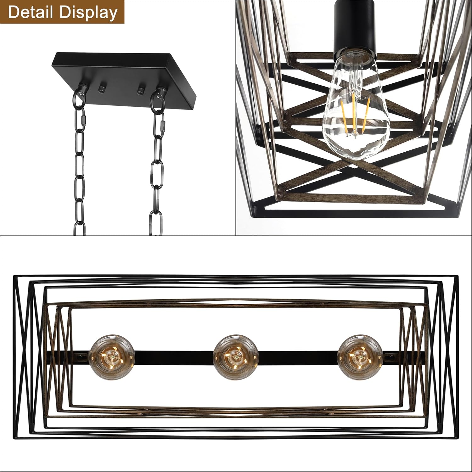 Sigaitwei 21''Farmhouse Dining Room Light Fixture,3-Light Kitchen Island Lighting,Industrial Chandelier for Dining Room Over Table Kitchen Bar,Linear Chandelier with Retro Wood Texture Interior
