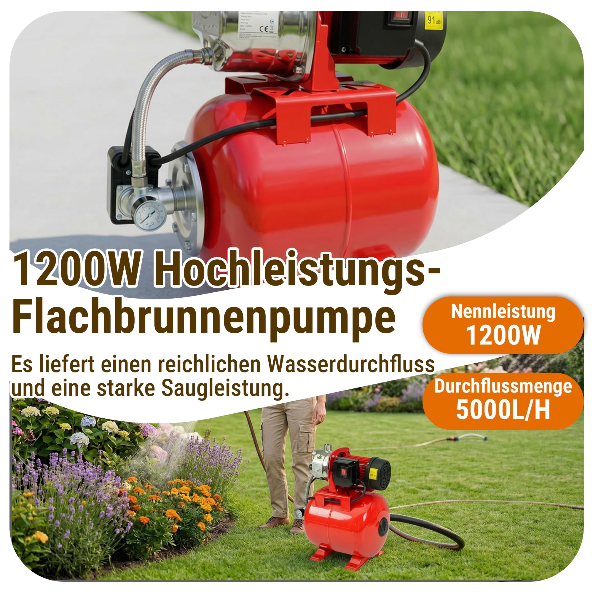 HoldwellS 1200W Flachbrunnen-Jetpumpe mit 19L Druckkessel, 5000 L/h, 49 m Förderhöhe, 9 m Ansaughöhe, Edelstahl & Aluminium, automatischer Druckschalter, IPX4 für Garten, Landwirtschaft & Haushalt
