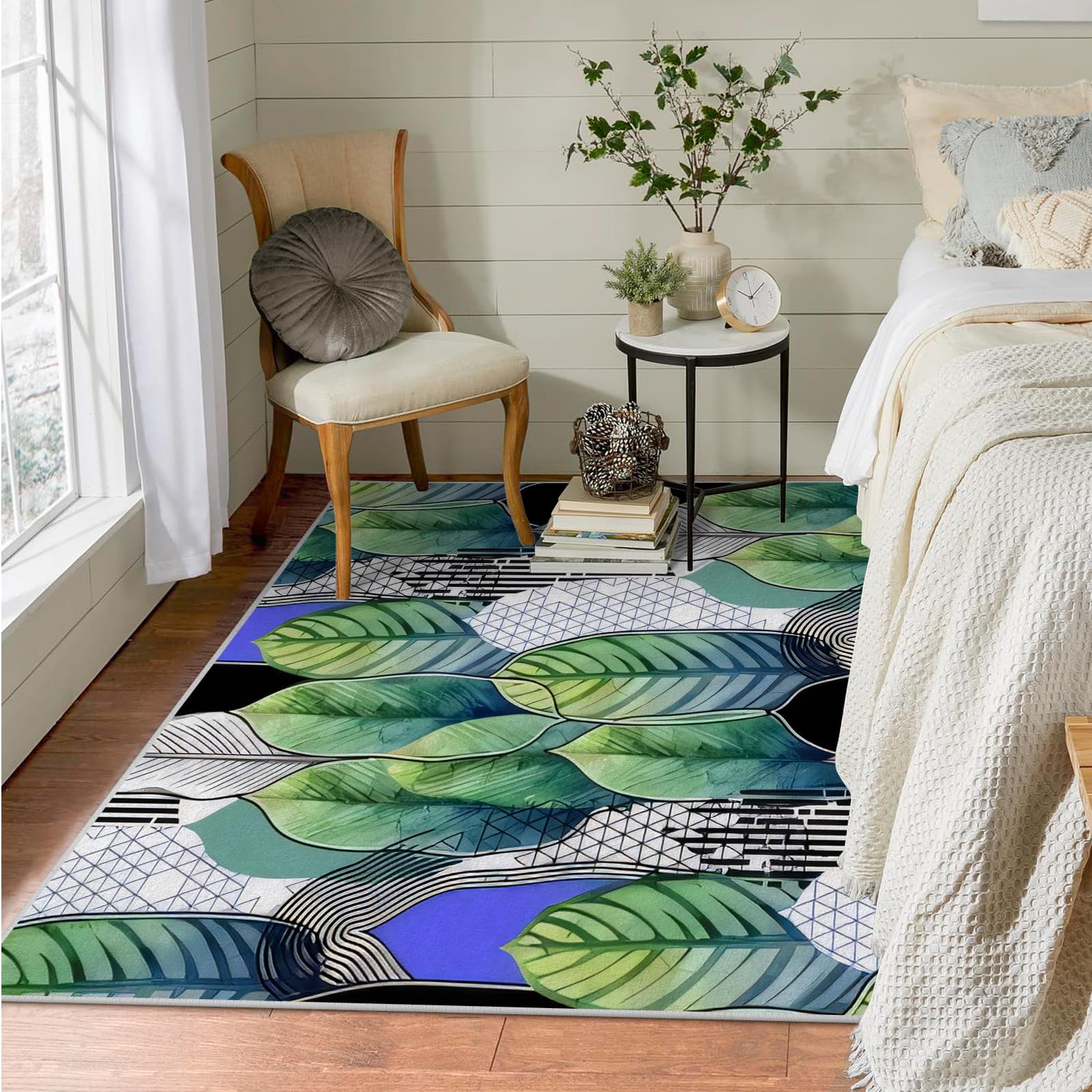 Teppich Quadratisch 150x150 Blatt Teppich Kurzflor Waschbar in Waschmaschine Geometrie Teppich Gegend rutschfest Dünn Saugfähig für Wohnzimmer Schlafzimmer Küchen