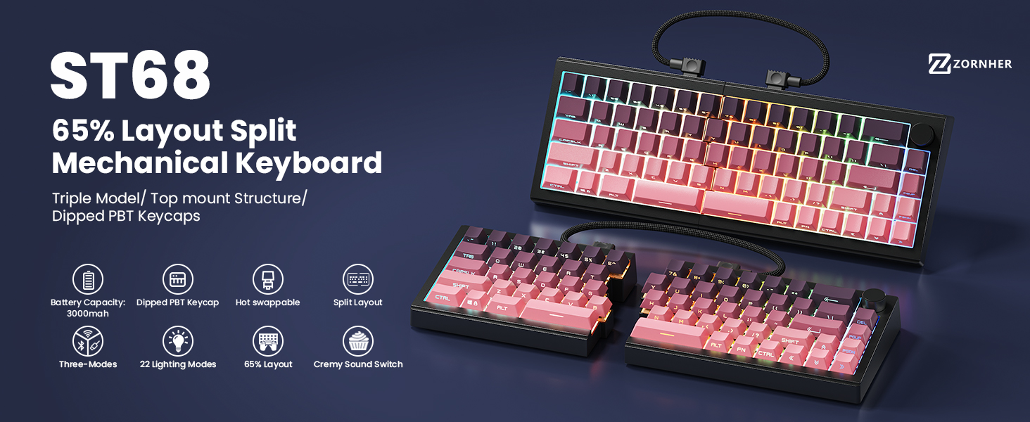 Amazon.com: ZORNHER ST68 Wireless Ergonomic Split Mechanical