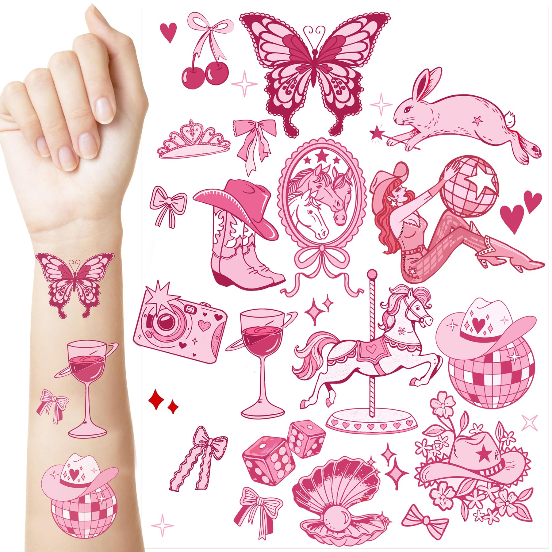 HOMEZZO Pink Pony Club Temporary Tattoos - Disco Cowgirls Girls Night Decorations for Bachelorette Birthday Party Favor Accessories