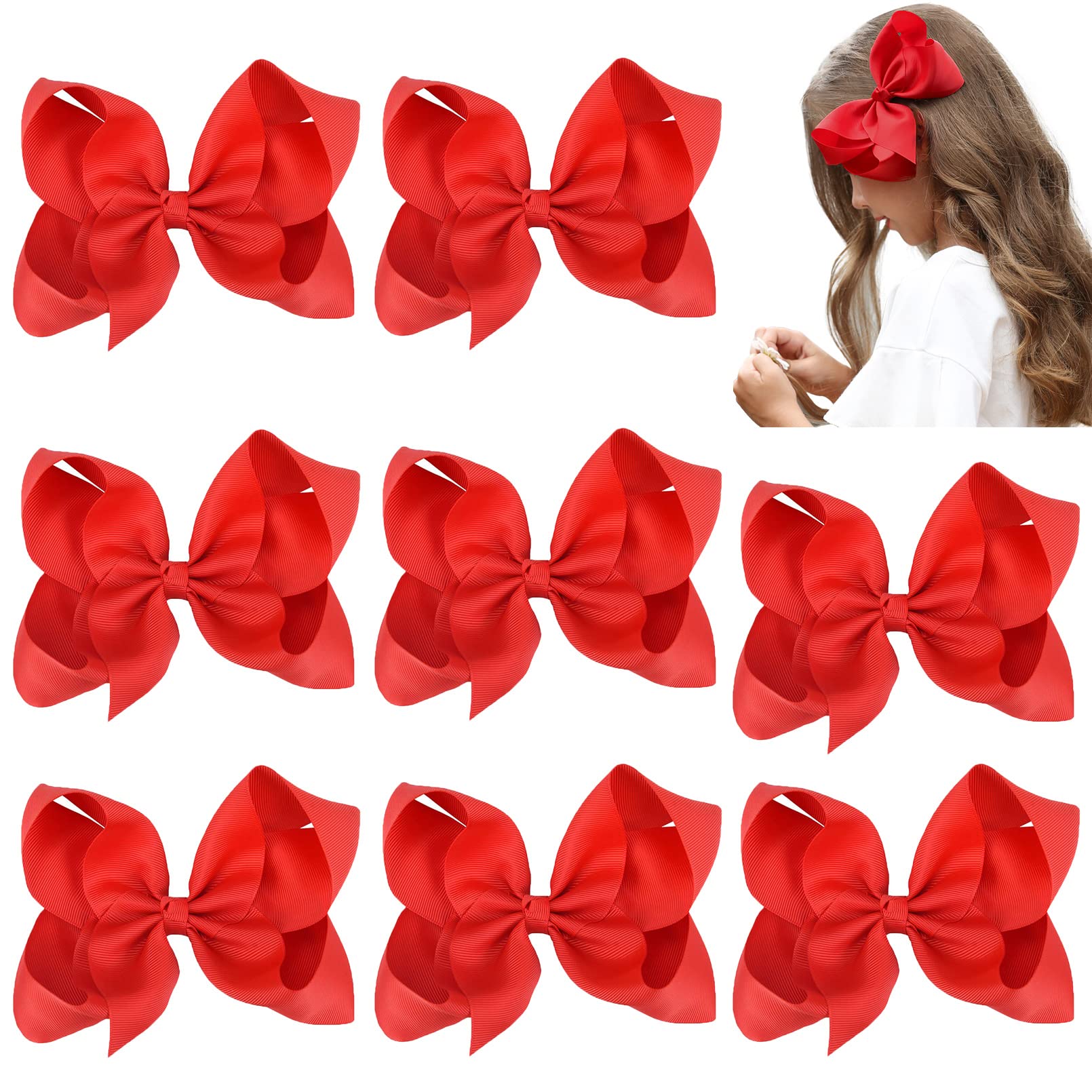 AILEAM Big Hair Bows for Girls 8PCS 4"Girls Toddler Red bows Clips Grosgrain Ribbon Alligator Clips Kids Hair Accessories