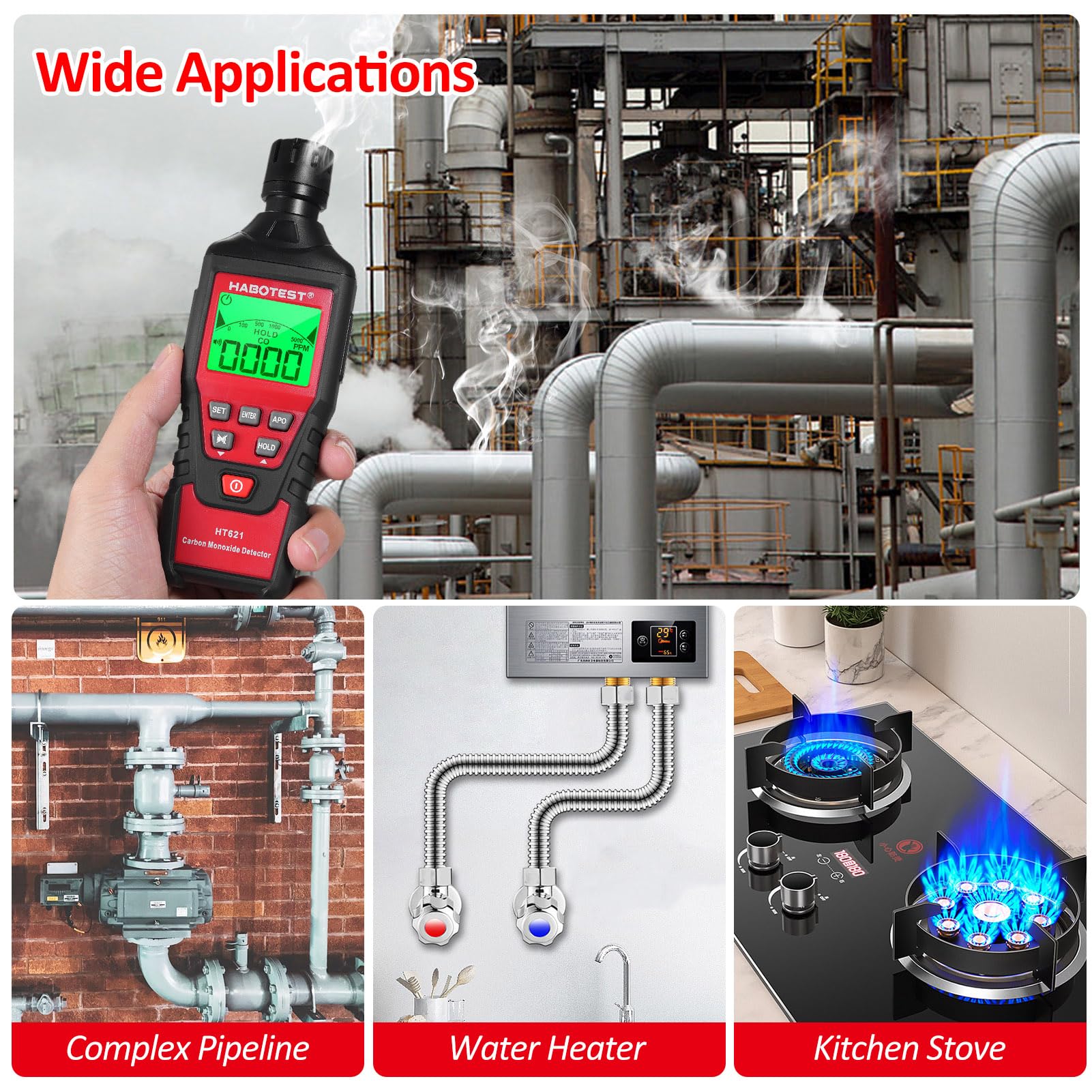 HABOTEST HT621 Detector portátil de monóxido de Carbono - Detector de CO portátil con Sensor electroquímico Rango de 0 a 5000 PPM - Pantalla LCD retroiluminada Alarmas sonoras y