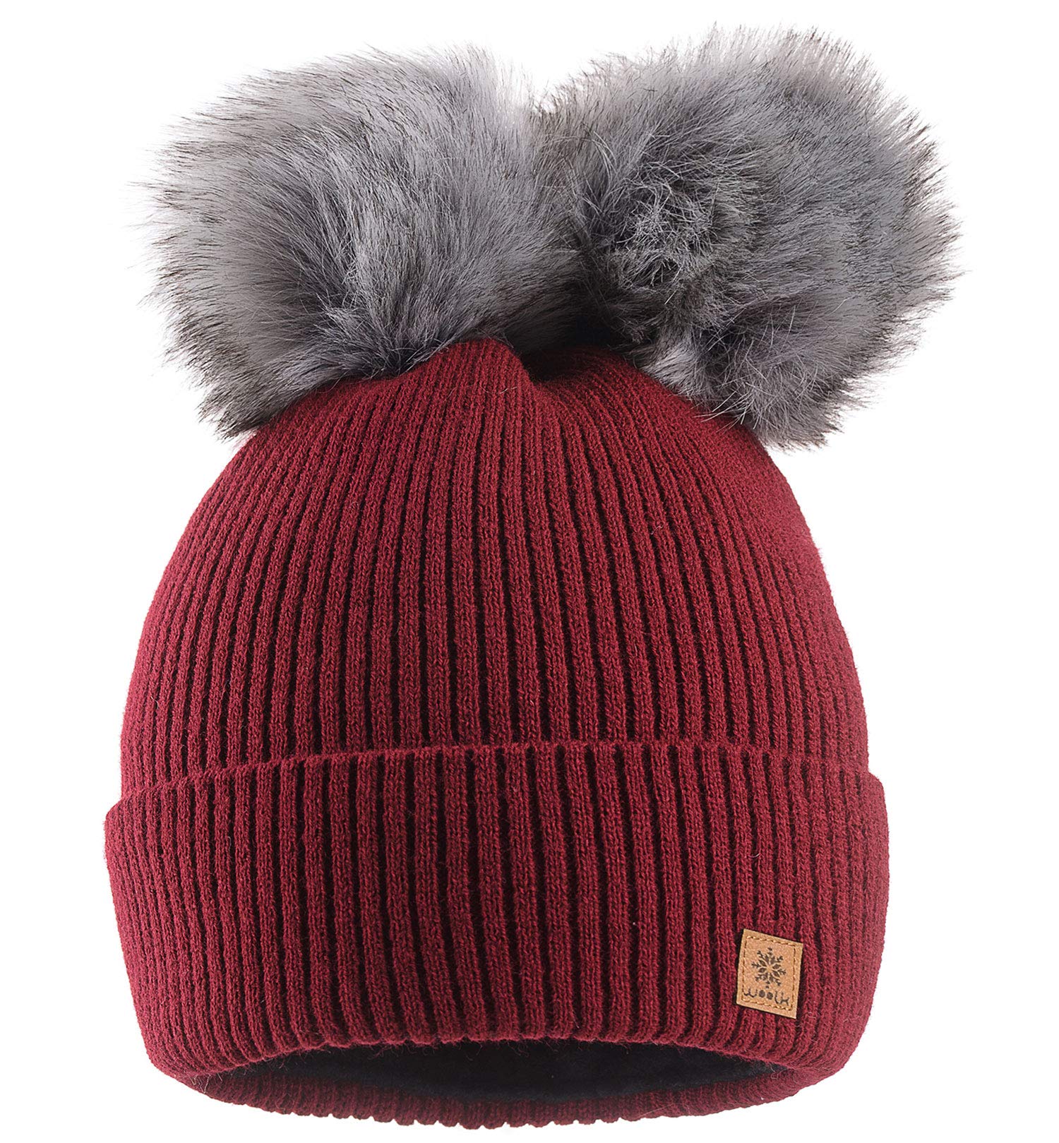 MFAZ Morefaz Ltd Women Ladies Winter Beanie Hat Knitted Chunky with Double Faux Fur Pom Pom (Burgundy)