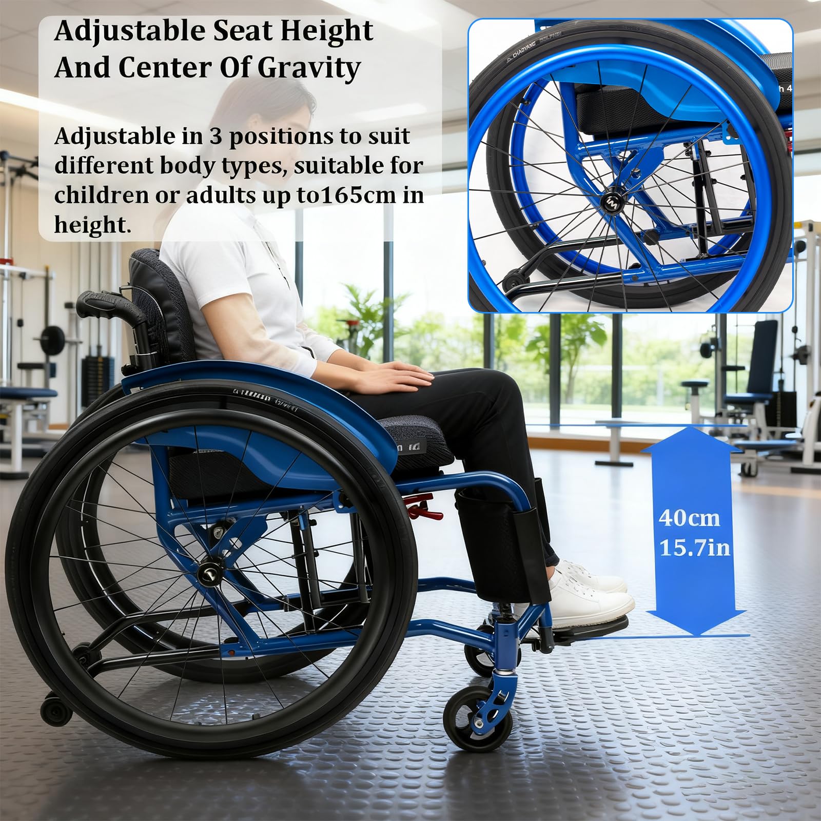 Carrozzina per disabili, Pieghevole, Alluminio, Sedia A Rotelle Portatile, Sedia Stretta, Freno Manuale, Poggiapiedi Pieghevoli(40cm/15.7in Seat,Black)