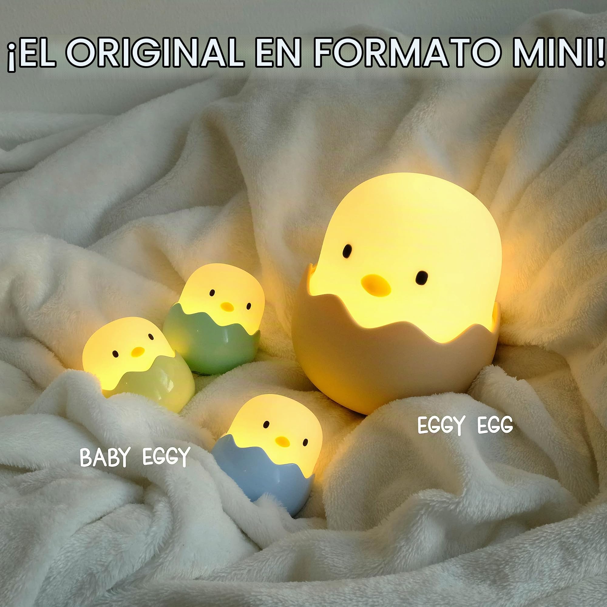 MegaLight Luz nocturna LED niños | Luz nocturna bebé sin piezas pequeñas tragables | Luz lactancia táctil regulable | Lámpara de noche carga USB | Baby Eggy (Paquete de 2)