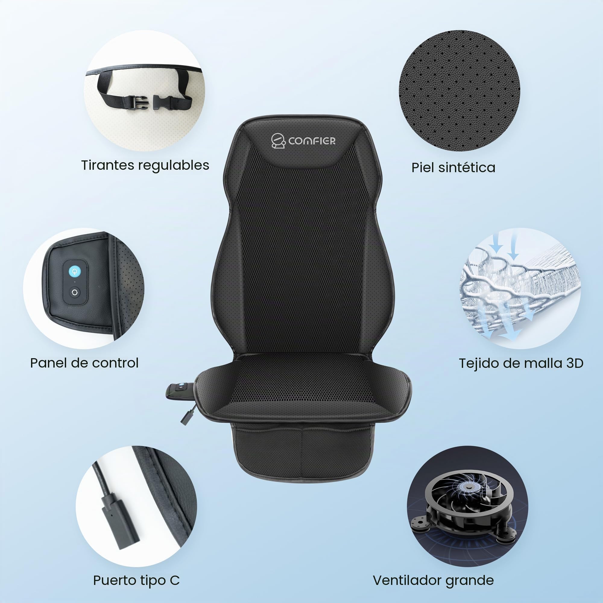 COMFIER 12 V Cojín Refrigerante para el Asiento del Coche, Funda Ventilada para los Asientos Delanteros, Temperatura Regulable, Diseño Universal para Turismos, Furgonetas y SUV, Color Negro