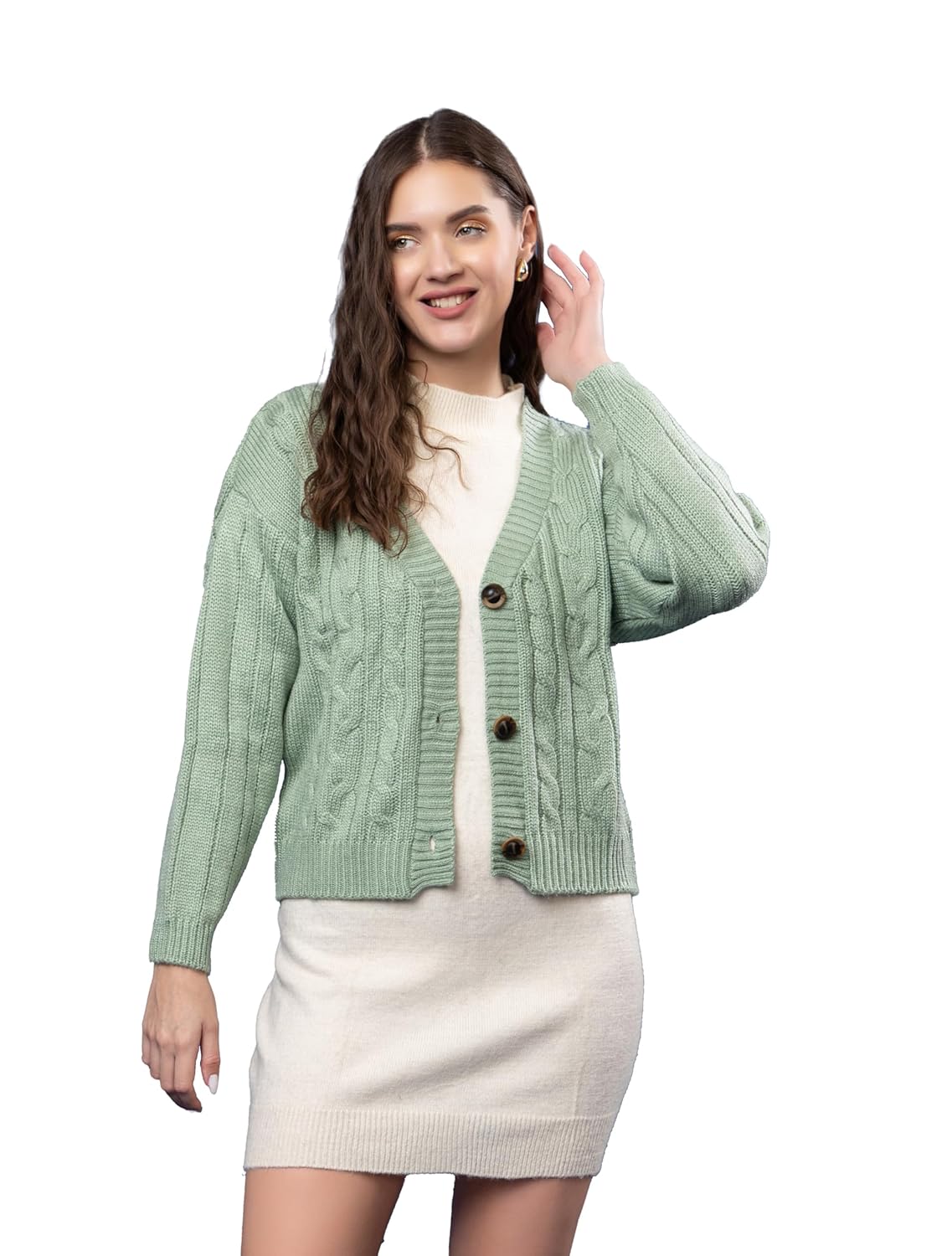 Women Woolen V-Neck 3-Button Stylish Cardigan Sweater | Winter Casual Wear Warm Knitwear for Ladies and Girls