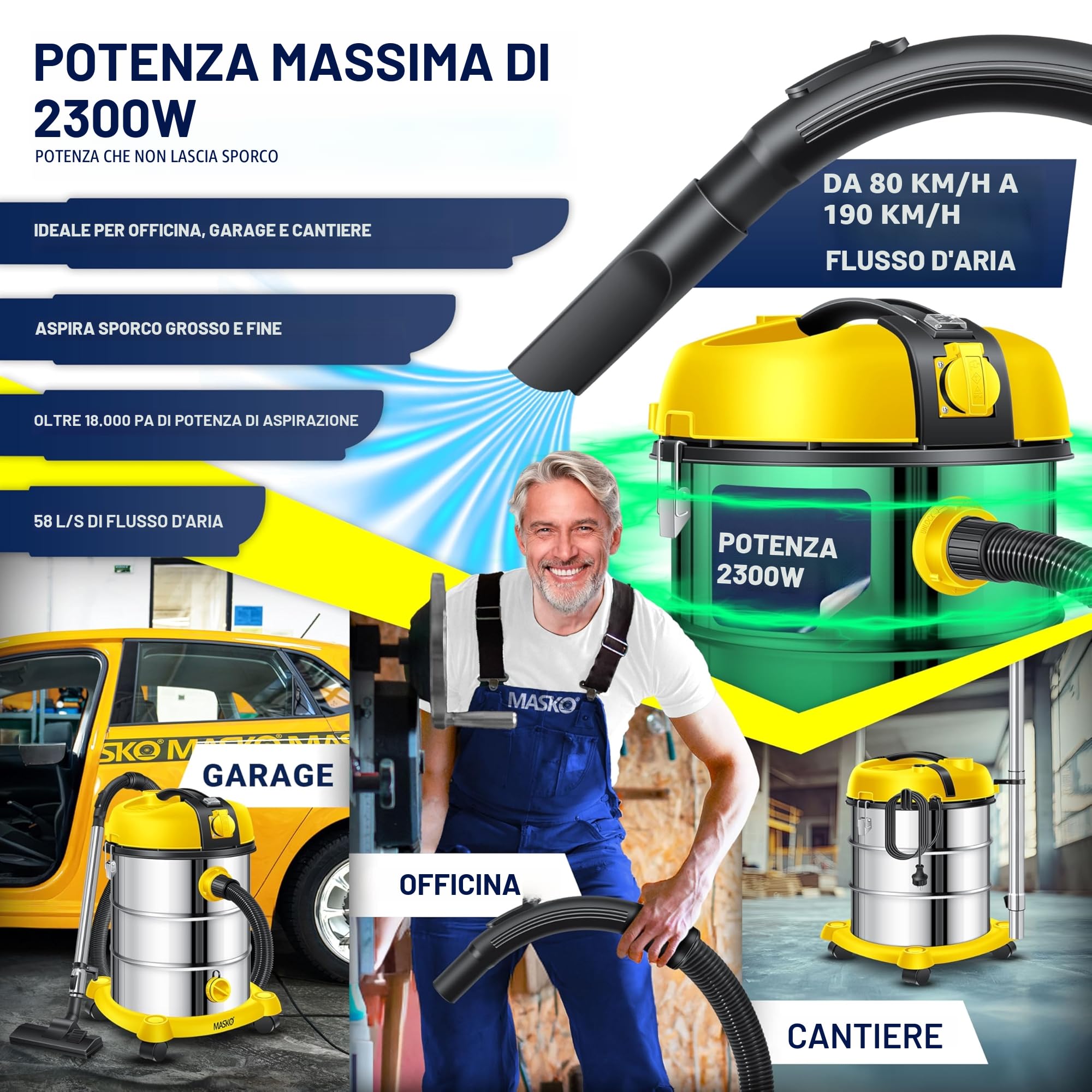 Masko Aspirapolvere industriale acciaio inox 2300 W presa corrente aspirazione secco umido soffiaggio Push&Clean Giallo