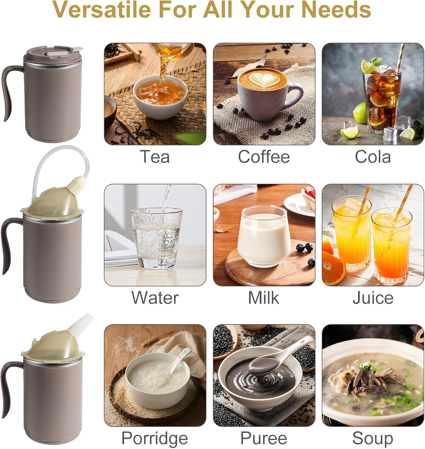 VOPHIA Senior Water Cup Sippy Cups for Elderly, 13.5oz Spill Proof Cup, 3 in 1 Stainless Steel Sippy Cup with Lids, No Spill Feeding Cups for Patient Disabled Maternity Drink Water Milk Soup (Coffee) - Image 3