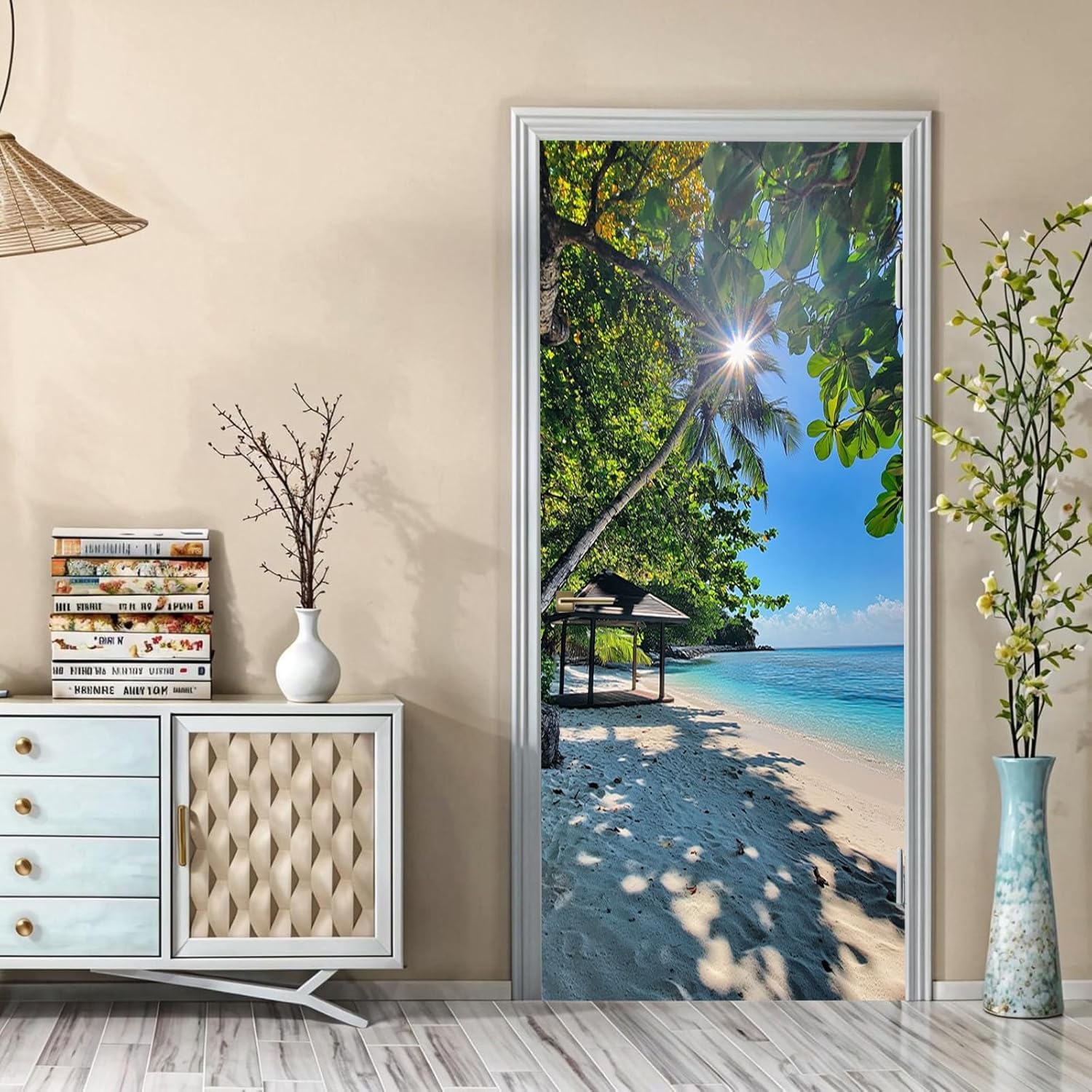 Sticker Porte Plage Tropicale, Stickers Porte Trompe L'oeil Vue sur Océan Autocollant Poster Auto-Adhésif Art Décor Pour Chambre Salon Salle de Bain Papier Peint 95x215 cm 4624n