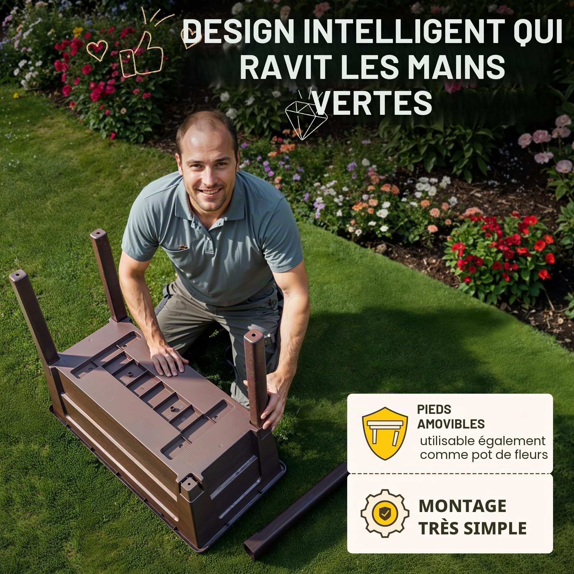 Ondis24 Victoria Jardinière de jardin pour balcon, jardinière avec serre, volume 50 l, réservoir d'eau, irrigation goutte à goutte, pieds amovibles, convient pour l'extérieur (marron)