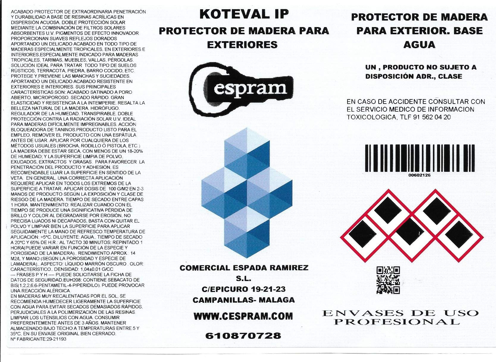 Barniz protector al agua de madera a poros abierto para exteriores. Koteval IP (incoloro). Envase de lata 5L.