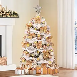 Dolicer Árvore de Natal pequena flocada de 1,5 m com ornamentos DlY, árvore de Natal artificial com 50 luzes de LED, miniárvores de Natal bonitas e realistas para pequenos espaços, festas, decoração