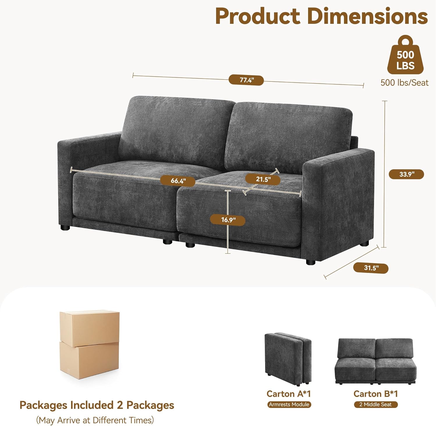 77.4" Chenille Modular Loveseat Oversized Upholstered 2 Seater Sectional Sofa with Thickened Cushions, Easy Assembly, Modern Comfy Love Seat Couch for Living Room, Grey
