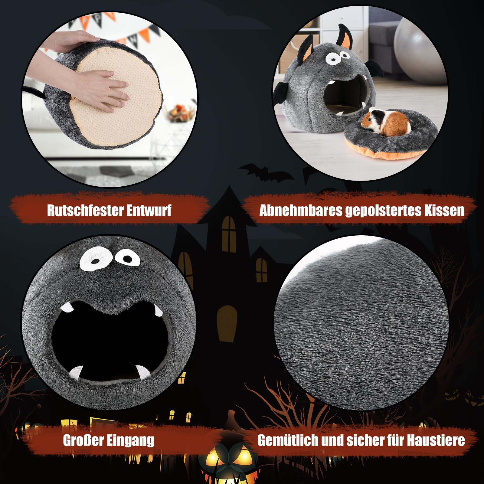 Meerschweinchen Haus, Halloween Stil Meerschweinchen Bett, Kaninchenbett, Kaninchen Haus, ideales Zubehoer für kleine Haustiere, Fledermaus Form, Dunkel Grau - 4