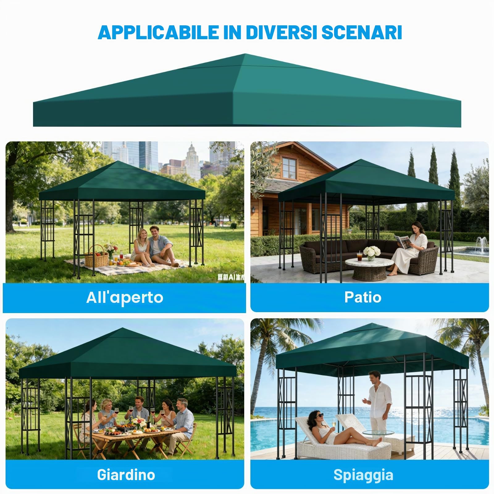 Telo di Ricambio per Gazebo 3x3m, Impermeabile e Anti-UV 300D, Copertura Rimovibile per Pergola con Fascette in Velcro Rinforzate, Ideale per Giardino, Terrazza, Campeggio e Spiaggia,Verde