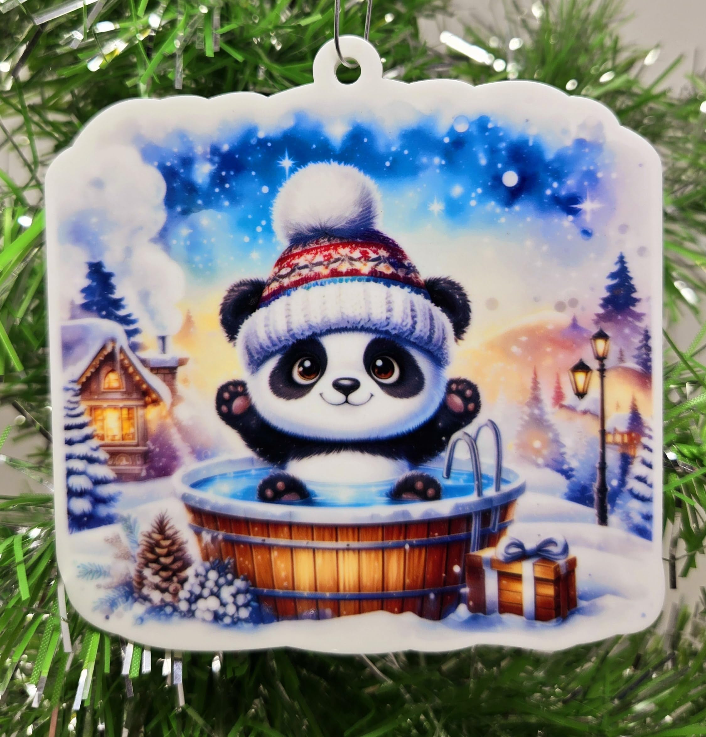 Décoration de Noël panda d'hiver en résine blanche pour sapin festif