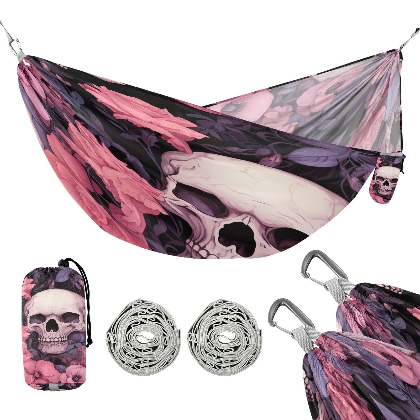 Haskirky Skull Flower Camping Hammock, Single Portable Hammocks with Tree Straps & Attached Carry Bag, 330Lbs Capacity Perfect for Outside Indoor Hiking Beach Backpack Travel