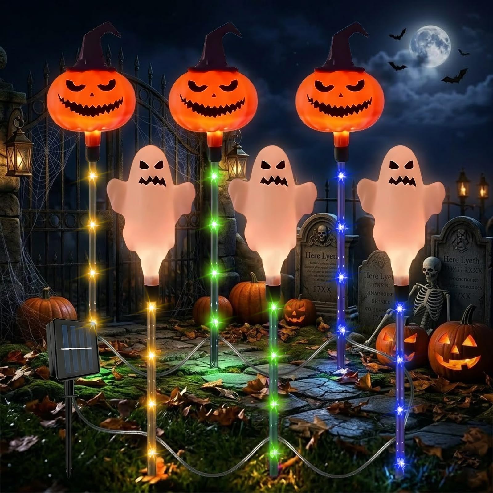 5 Pack Christmas Outdoor Powered Stake Lights, Battery Operated, Waterproof LED Christmas Pathway Lights for Yard Patio Garden Decoration (White Ghost + Pumpkin)