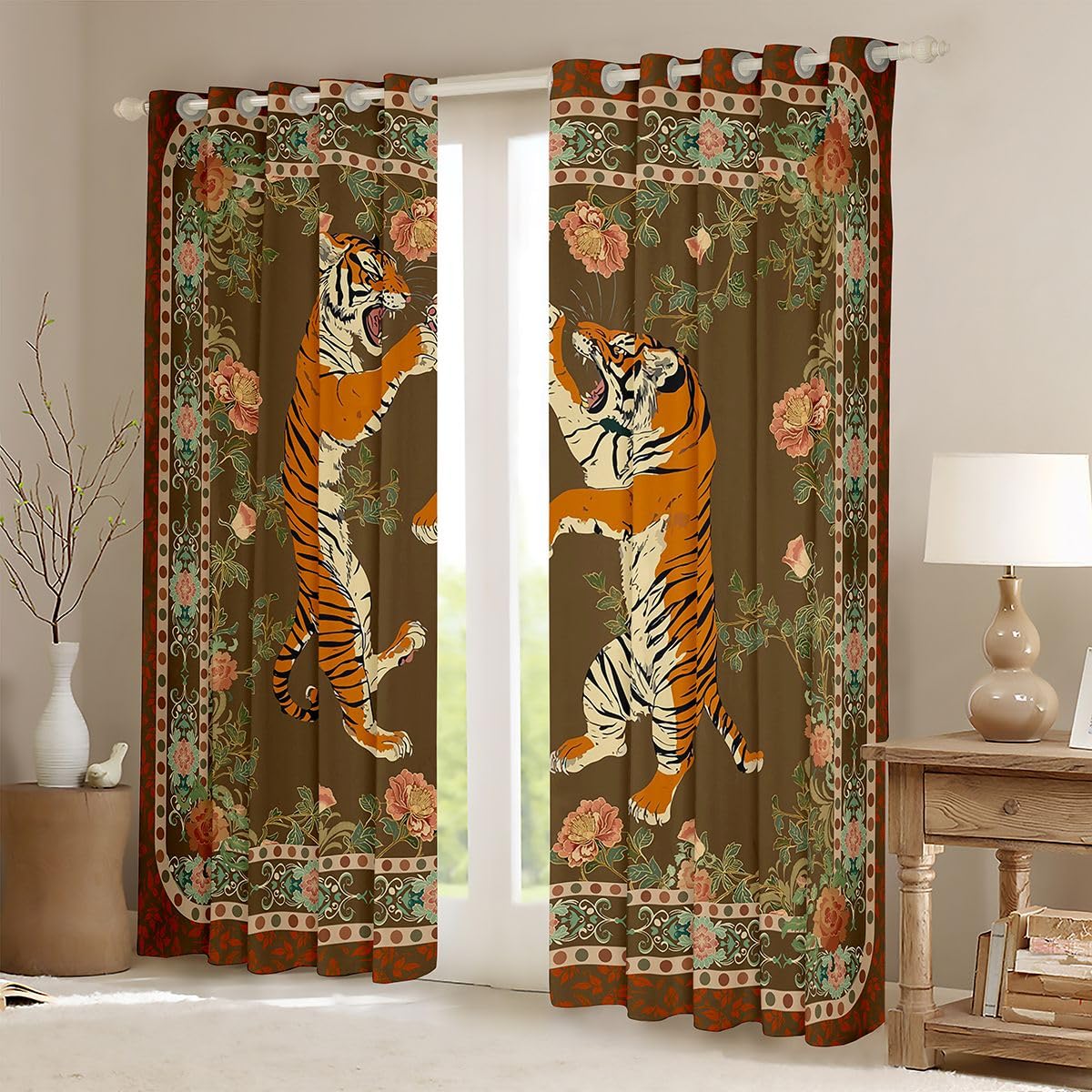 Homewish Vintage tygrys kwiatowe zasłony okienne, 117 x 183 cm, 2 zestawy paneli - zaciekłe symetryczne zasłony zaciemniające ze zwierzętami, ozdobne botaniczne zasłony okienne, zasłony boho, dżungla