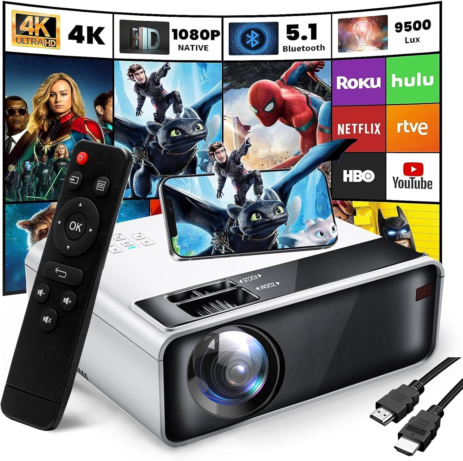 HD1080P Portable Mini Projector, IOS/Android 5G Wifi And BlueTooth, UPGRADED 8500Lux, Outdoor Movies 200" Display & Home Theater Video Projector, Compatible With X-BOX/TVStick/PC/HDMI/USB/AV/PS (B)