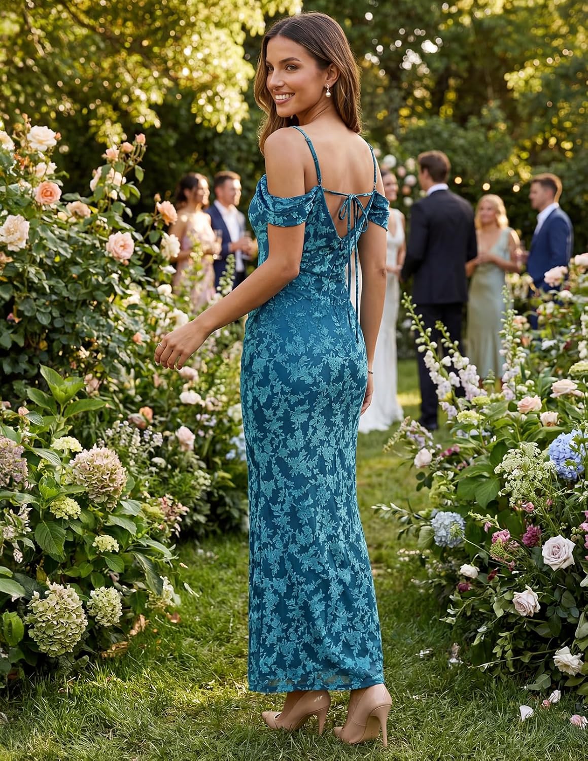 MEROKEETY Women's 2026 Summer Off The Shoulder Spaghetti Strap Floral Mesh Wedding Guest Cocktail Formal Party Maxi Dresses - Image 3