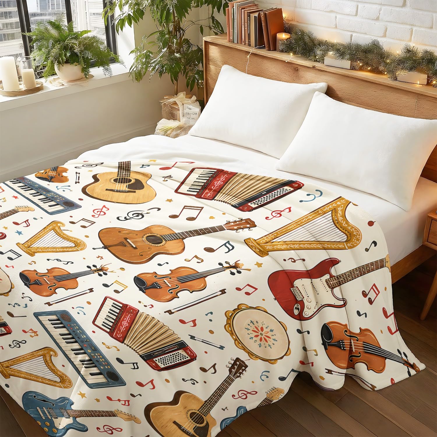 Genérico Música Manta Polar Manta 130 x 150 cm, Luz de franela de microfibra suave dinámica Instrumento nota musical, Beige, Regalo para padres y niños
