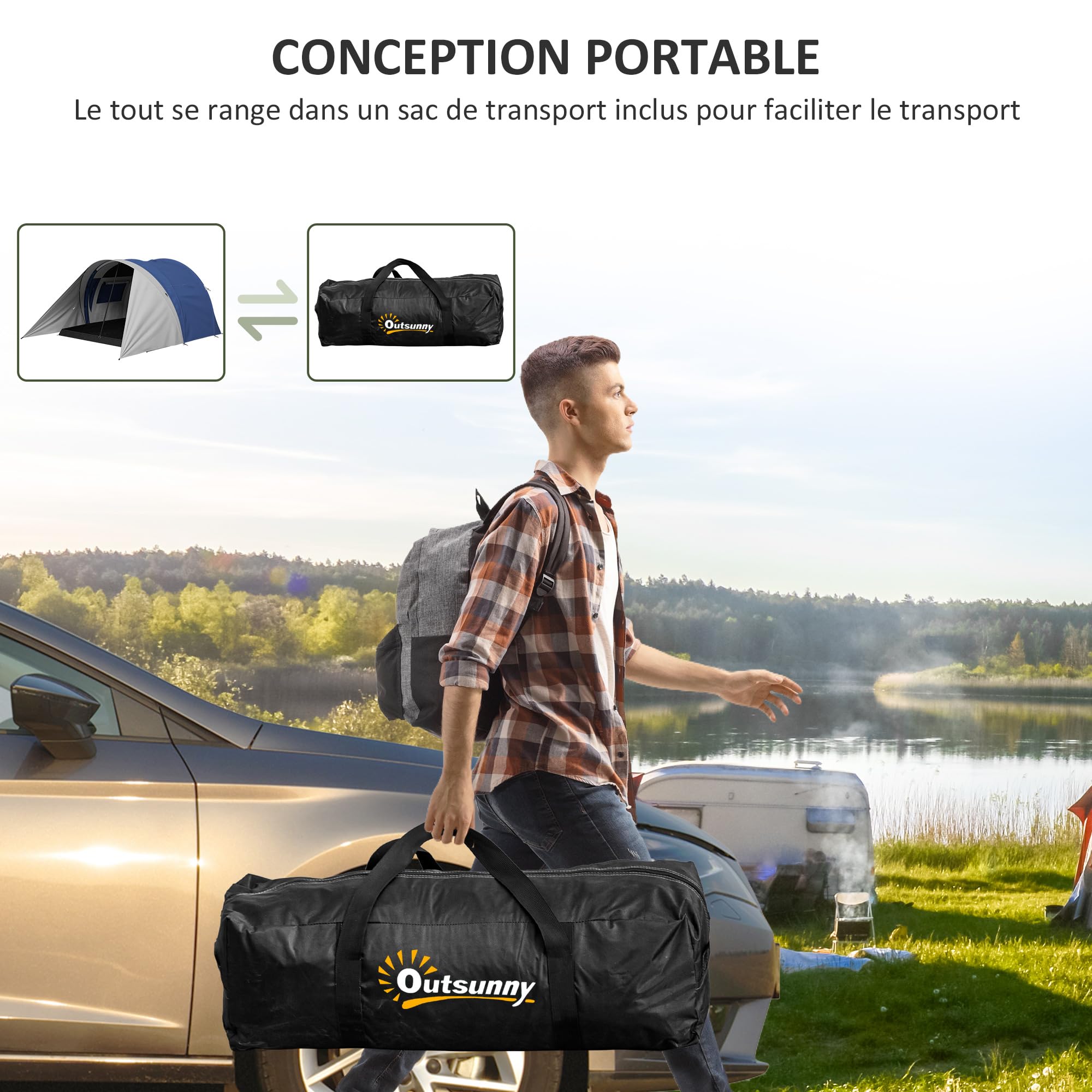 Outsunny Tente de Camping familiale 3-4 Personnes avec Double Toit 3000 mm et Sac de Transport, Tente Tunnel étanche légère ventilée Facile à Monter, dim. 390L x 315l x 188H cm
