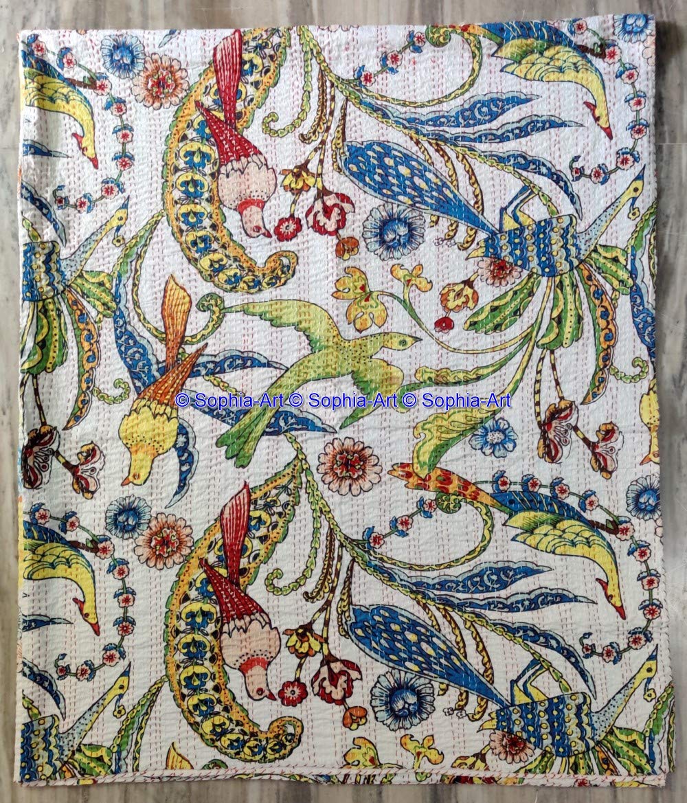 Sophia-Art Colcha india hecha a mano con estampado de pavo real de algodón Kantha, colcha étnica, manta bohemia decorativa para cama hippie (blanco, 222 x 250 cm)