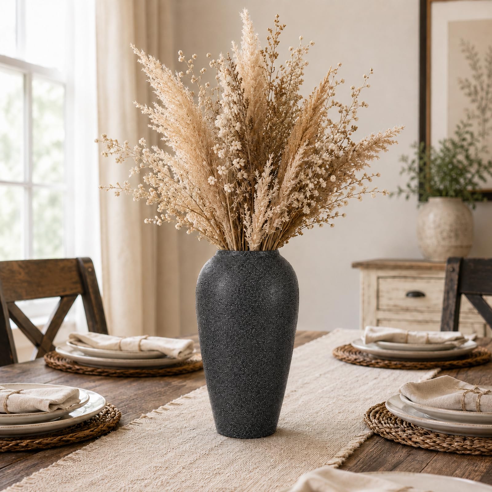 Jarrón de cerámica rústico – Jarrón grande de cerámica negra para decoración del hogar, jarrón moderno de terracota para sala de estar, entrada, cocina, jarrones negros para centros de mesa, regalos