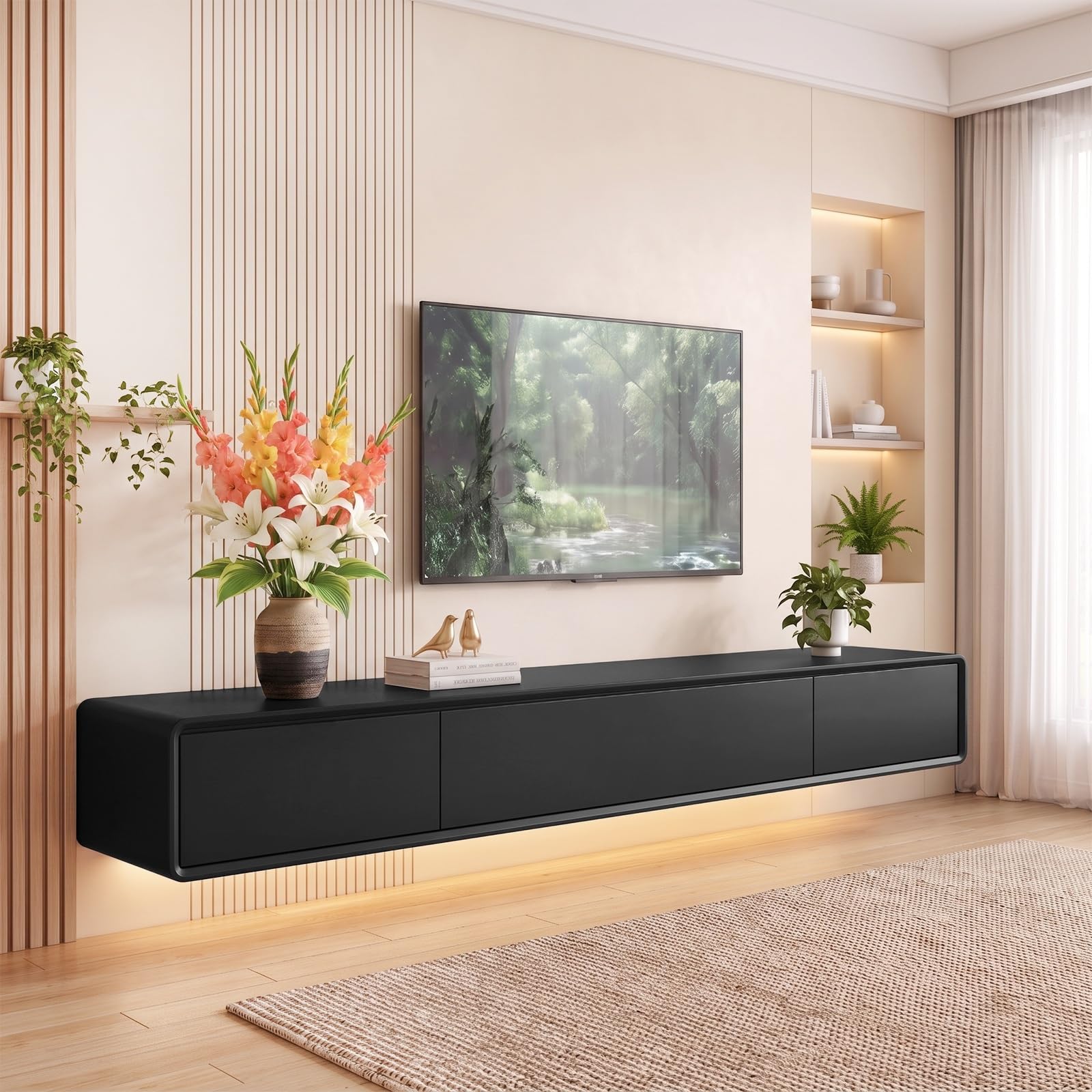 Mueble de TV de Madera Maciza,Mueble de TV Flotante, Mueble Bajo de Pared para TV, Adecuado para el Salón y el Dormitorio,Negro 140CM-LED
