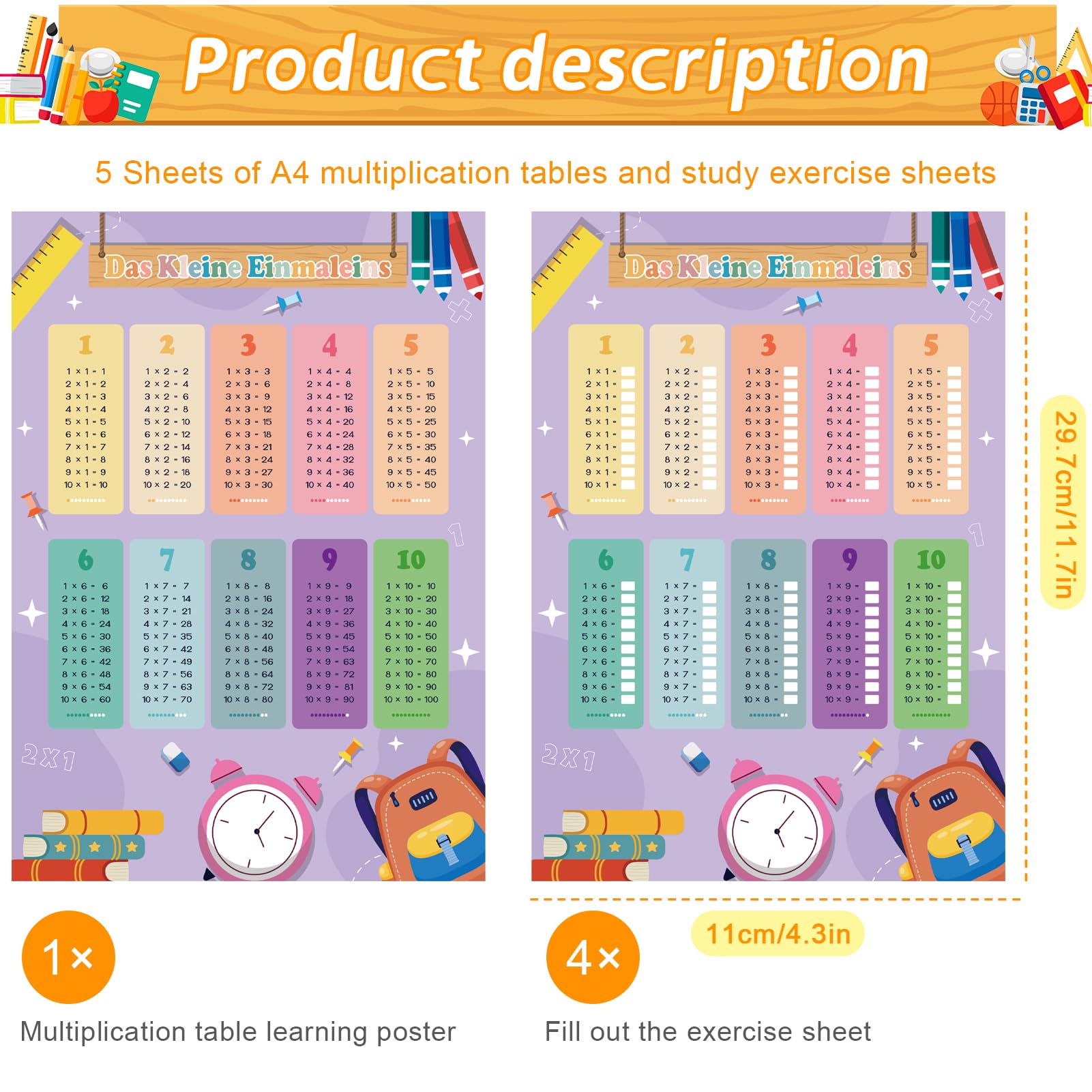Póster de aprendizaje 1x1 para niños con 4x hojas de ejercicios, entrenador de tablas de multiplicar para niños
