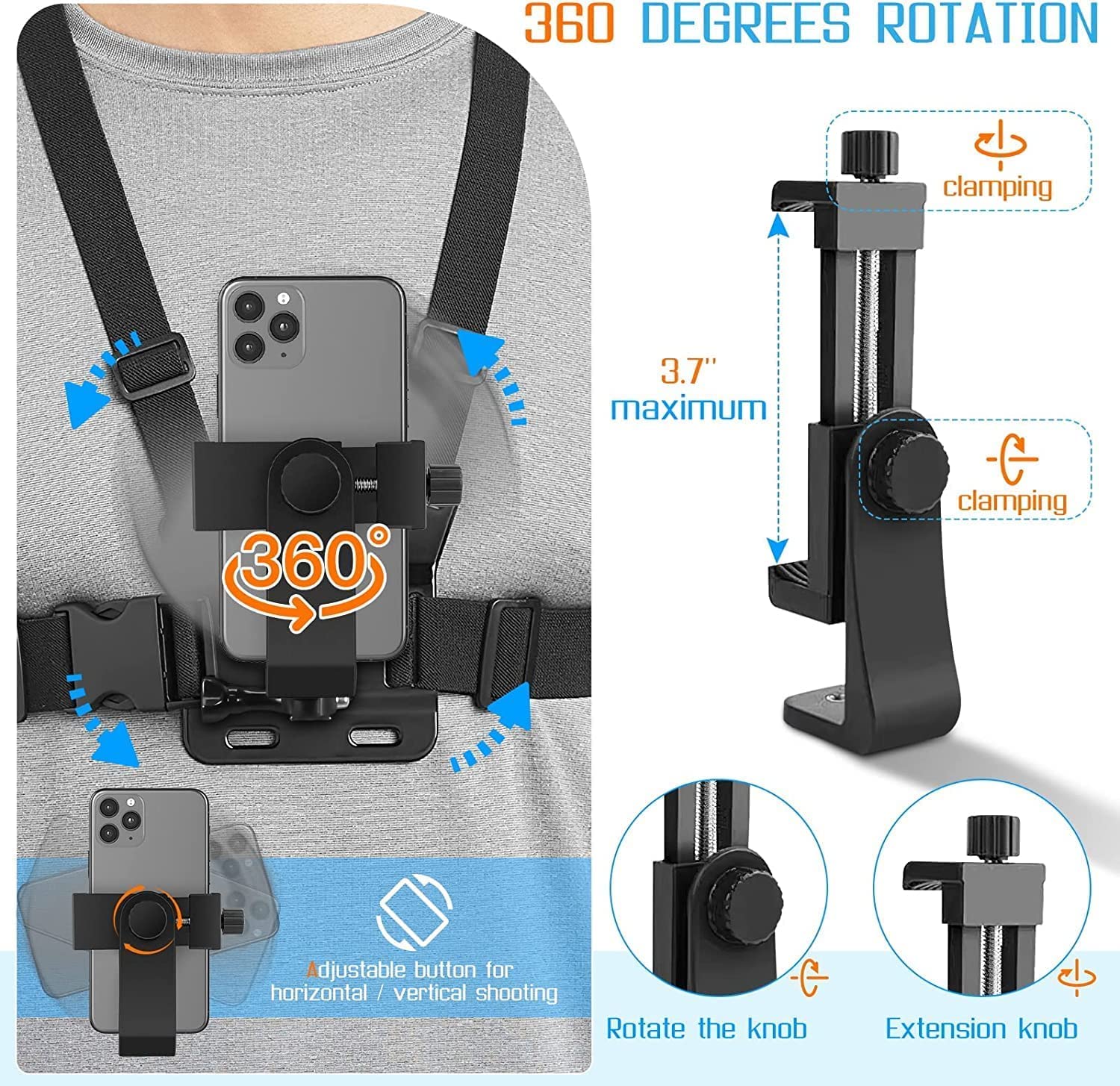 VTS Mobile Phone Chest Strap Mount GoPro Chest Harness Holder for VLOG/POV, with iPhone 13 Pro Max Plus,Samsung,GoPro Hero 9, 8, 7, 6, 5,OSMO Action 2