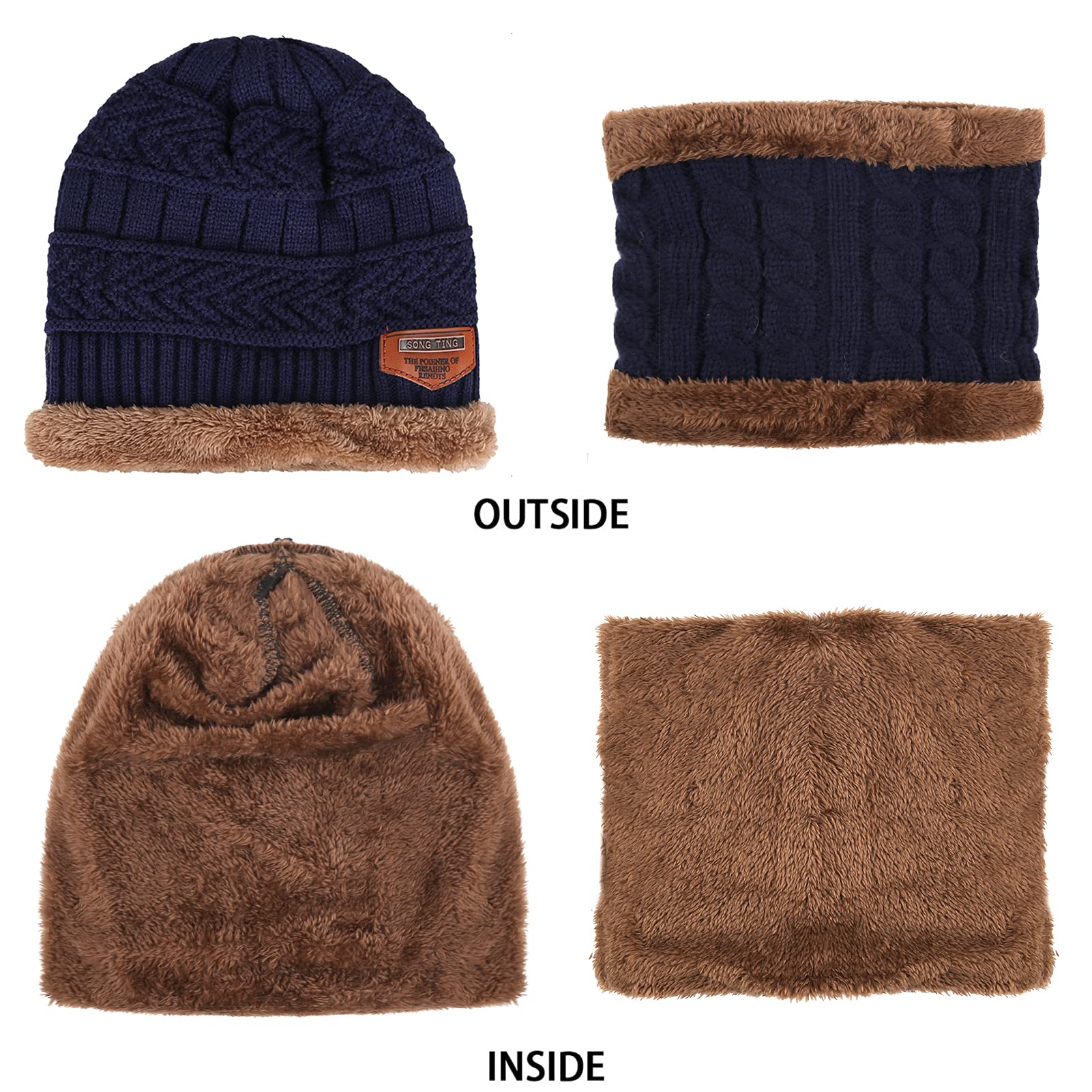 Bequemer Laden Enfants Hiver Chaud Ensemble Bonnet Echarpe Tricot Chapeau avec Doublure Polaire pour 3-8 Ans Garcon Fille Cadeaux Noel