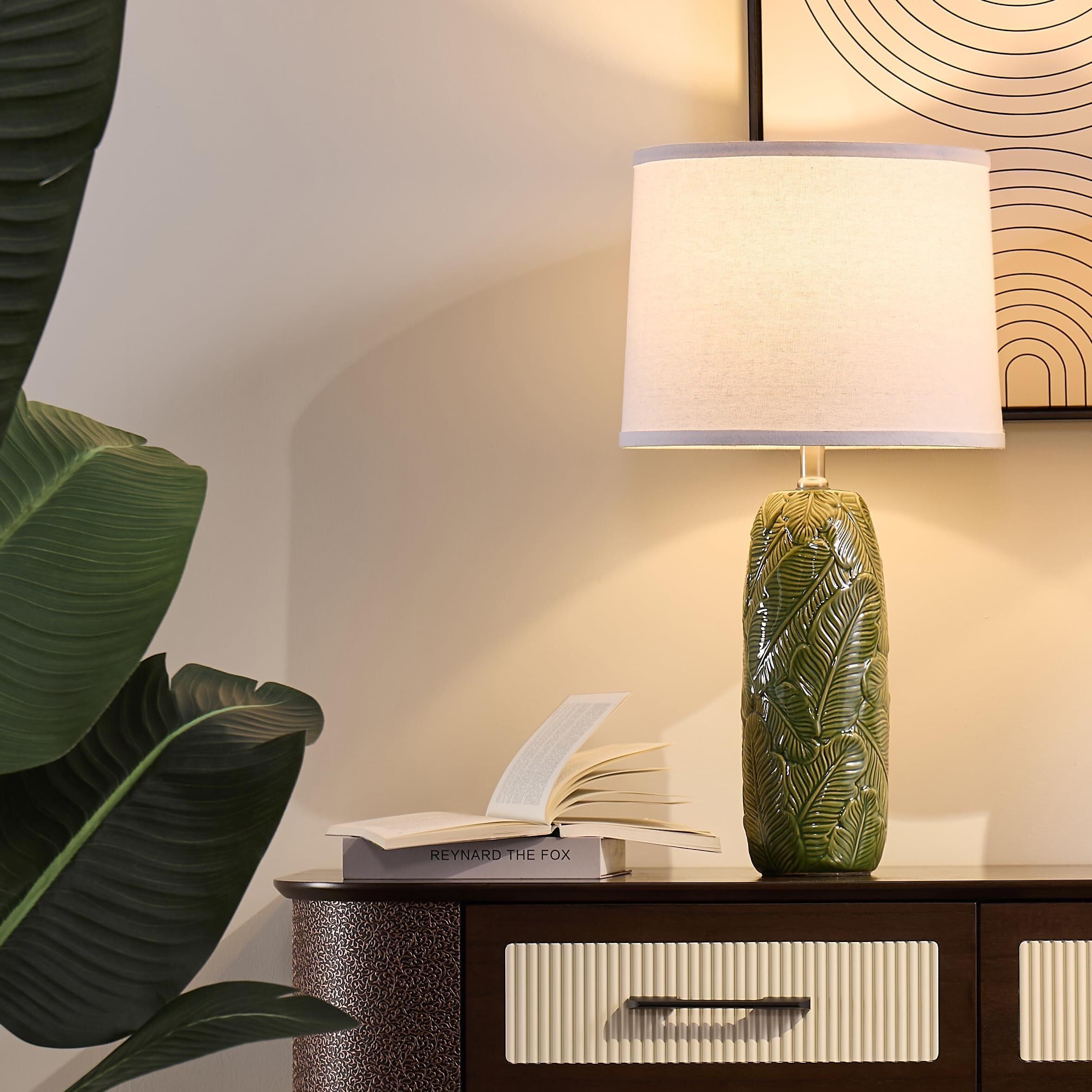 ZR98US Polveri Ceramico Verde Lampara a Mesa, Set Due, Sfondatura in Lino con Motivo di Fungo Camera Letto, Apposibile per Stanze da Ristorante, Dormitorio e Ufficio (2 Pari)