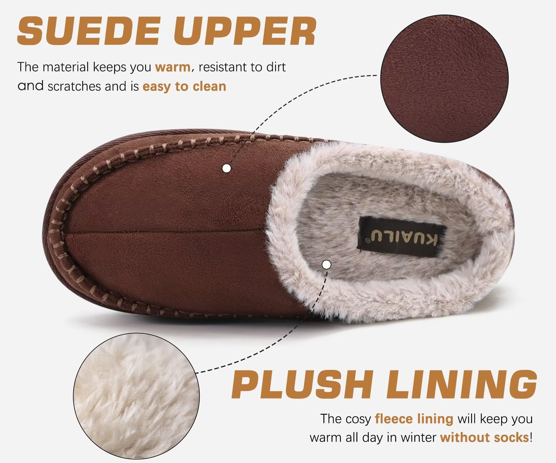 KuaiLu Comodo Pantofole da uomo plantare Cuciture fatte a mano microsuede Scivolare su Scarpe da casa Pelliccia sintetica calda Gomma