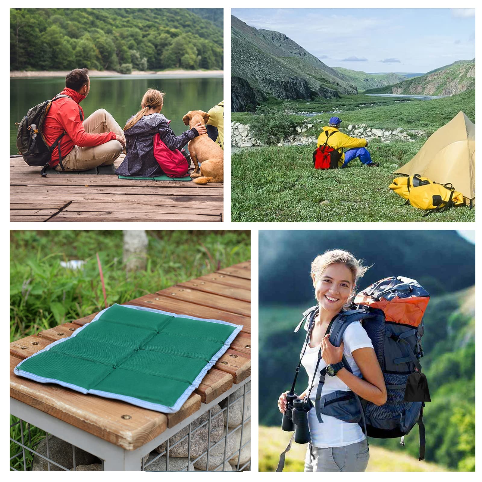 2 Pezzi Tappetino Pieghevole, Cuscino Stadio Gomma Piuma con 2 Borsa Portaoggetti, per Picnic, Escursioni, Campeggio (Nero e Verde)