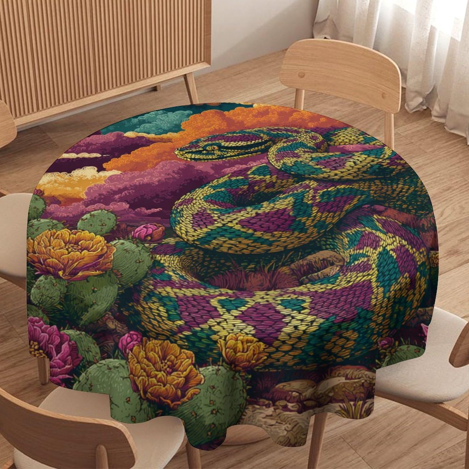 LUYYSKY Retro Classic Animals Snake Waterproof Round Tablecloth Modern Art Western Desert Plants Cactus Floral Wildlife Snake Washable Table Cover for Kitchen-91.4" Wx91.4 L cm