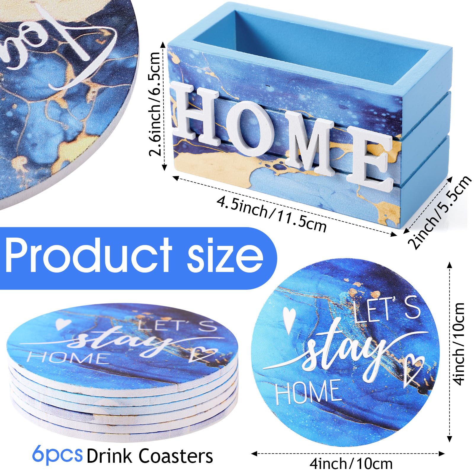Housewarming Gifts for Home Decoration Wooden Heart Coasters for Drinks Set of 6 Farmhouse Coasters with Holder Funny for Coffee Table Protection 4 Inch (Navy Blue Marble) - Image 2