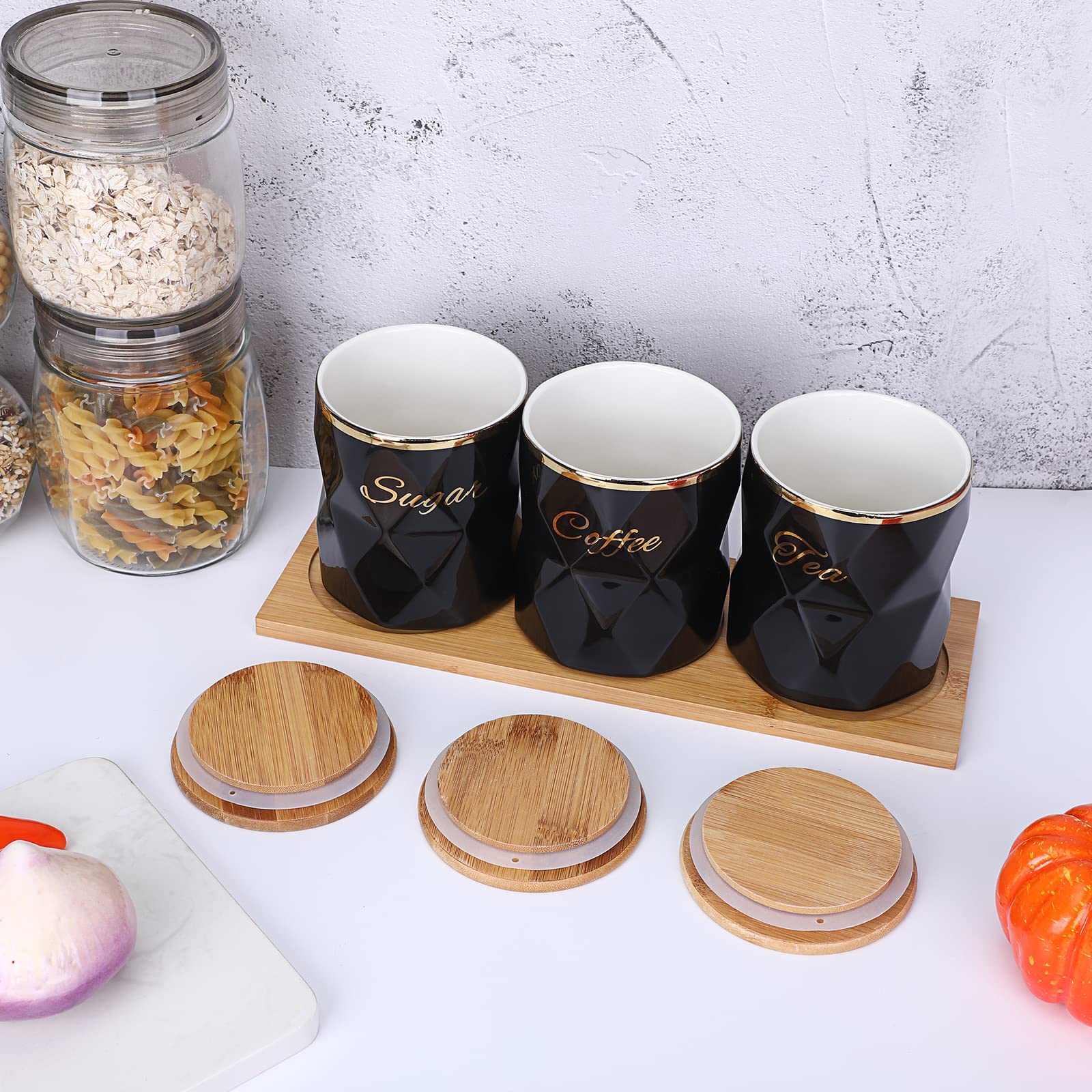 BTSKY Recipientes herméticos de cerámica negra para azúcar, café, té con tapa y bandeja, juego de 3 recipientes herméticos para almacenamiento de alimentos, tarros con tapa de bambú para encimera de
