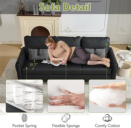 Miniatura 7 de STHOUYN Sofá de piel sintética de 88 pulgadas para sala de estar, sofá de oficina negro para espacio pequeño, cómodo sofá de cuero de 3 plazas con