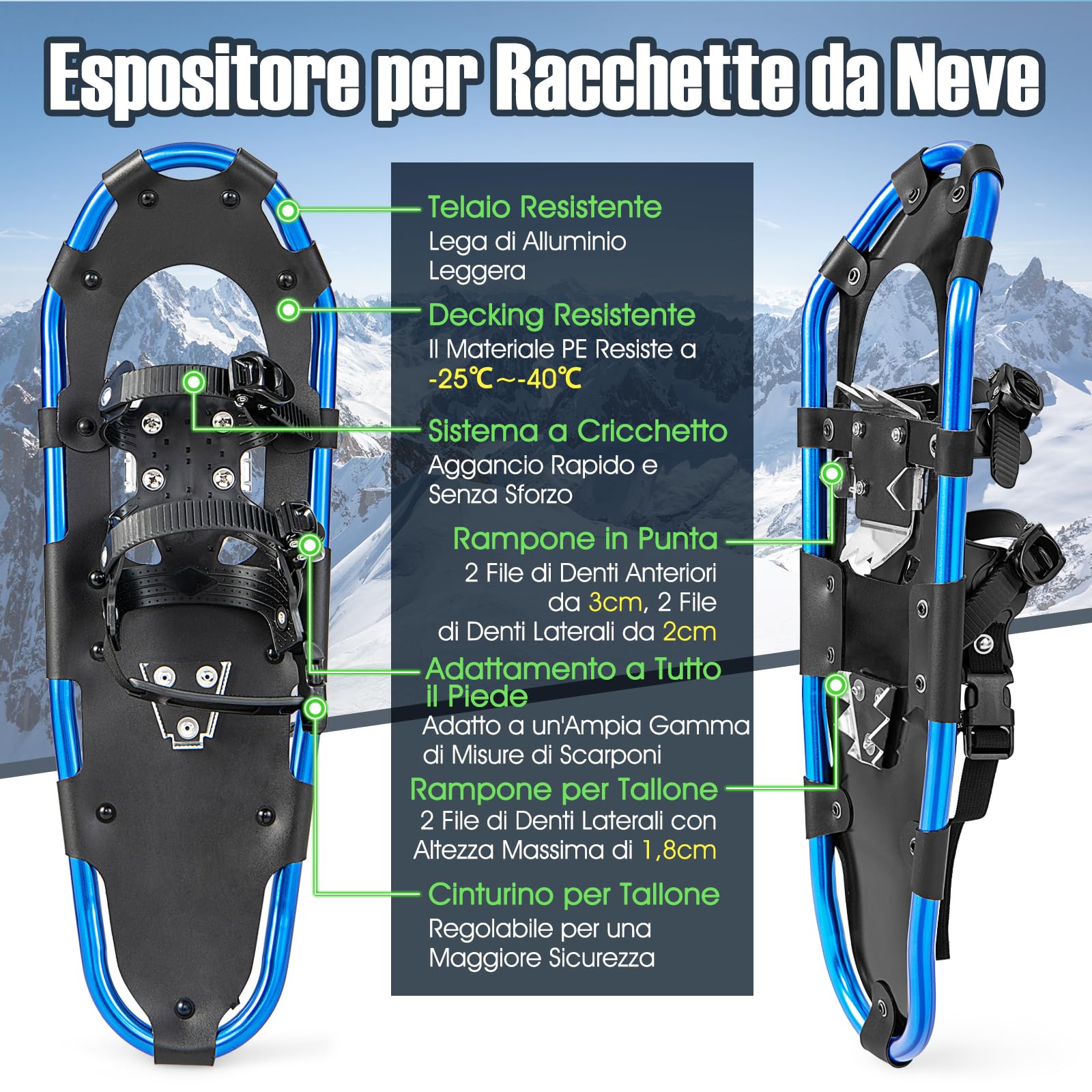 COSTWAY Set 4 in 1 Ciaspole da Neve 53/63/78 cm per Uomini, Donne e Ragazzi con Sistema di Fissaggio, Telaio in Alluminio, Bastoncini da Trekking, Ghette Gambe Impermeabile e Borsa