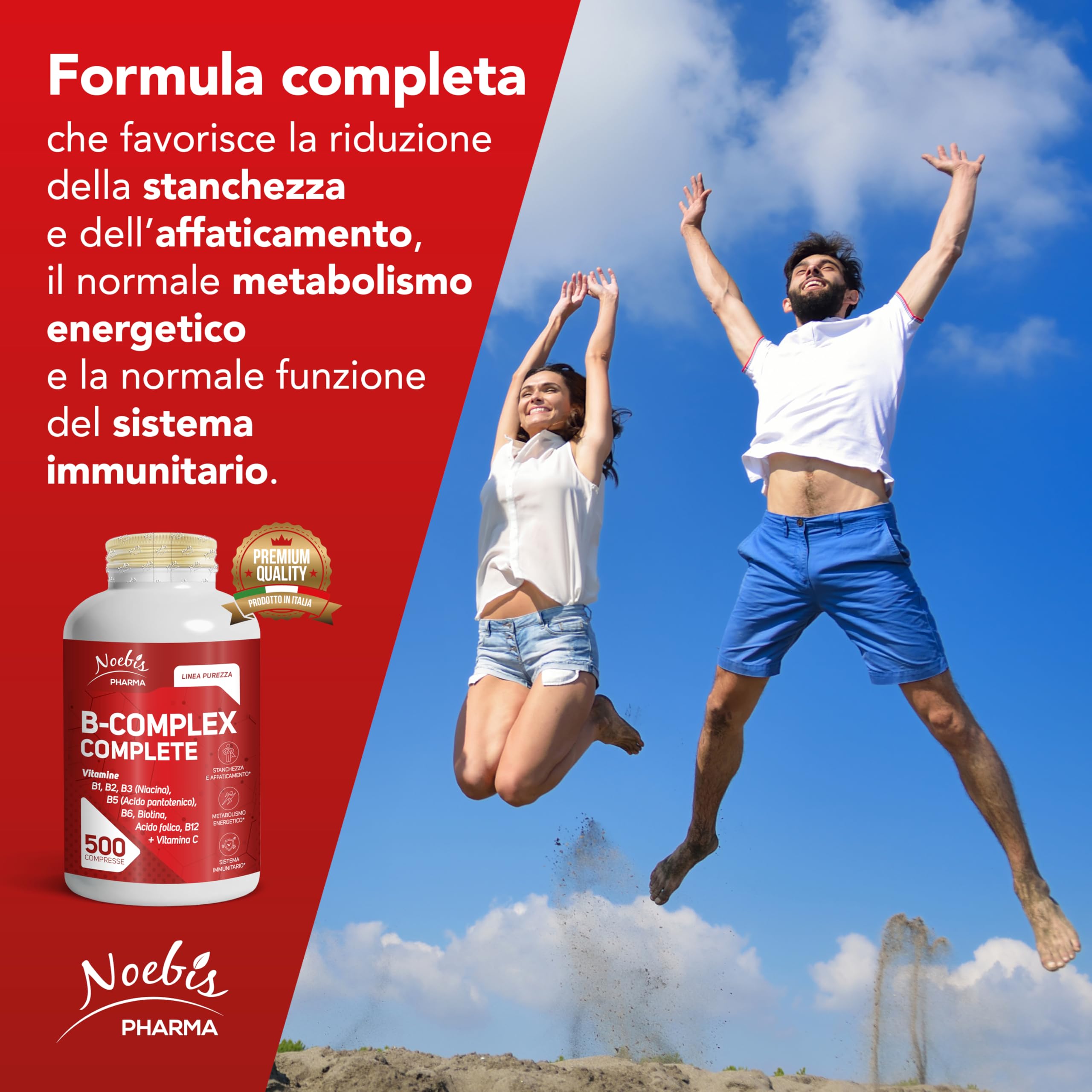Vitamina B Complex Noebis Pharma con Vitamina C - B1 B2 B3 B5 B6 Biotina Acido Folico B12-500 Compresse Maxi Scorta (Confezione da 4)