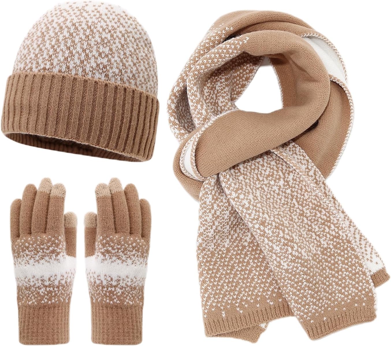 Knit Set: Beanie Scarf Gloves - Color Block Winter Warm Accessories Trio