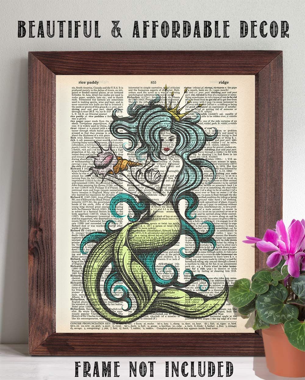 Upcycled Dictionary Art -  - Classic Office and Home Decor, Library Water Color Wall Art, Animal Print Vintage Book Page Bedroom Decoration, 8.5x11 Unframed Art Poster: Mermaid