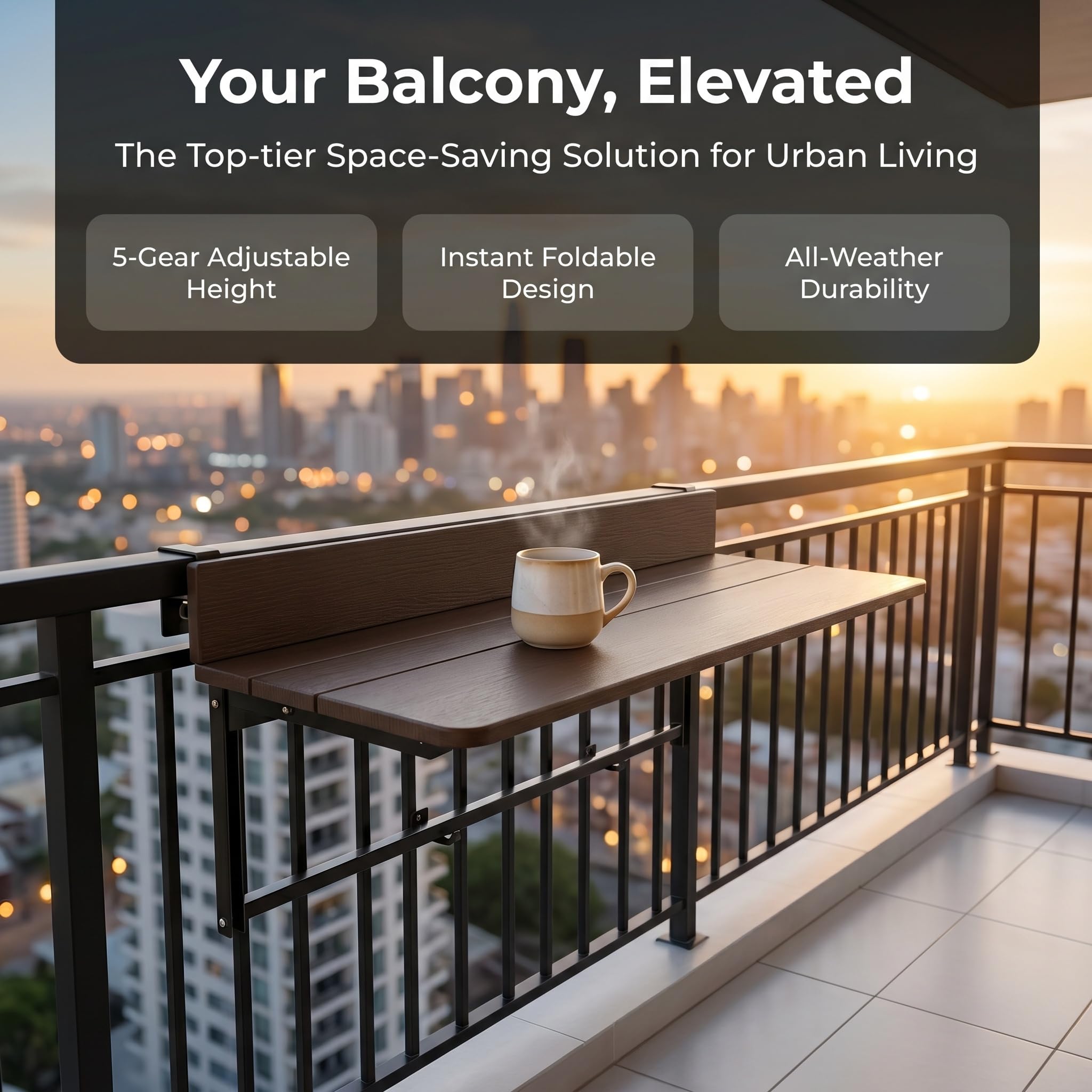 Tavolino da Balcone Pieghevole E Regolabile per Ringhiera - Scrivania da Esterno Salvaspazio per Patio, Tavolo Sospeso in Alluminio per Terrazze, Perfetto per Piccoli Spazi 60x37cm(24x15in)