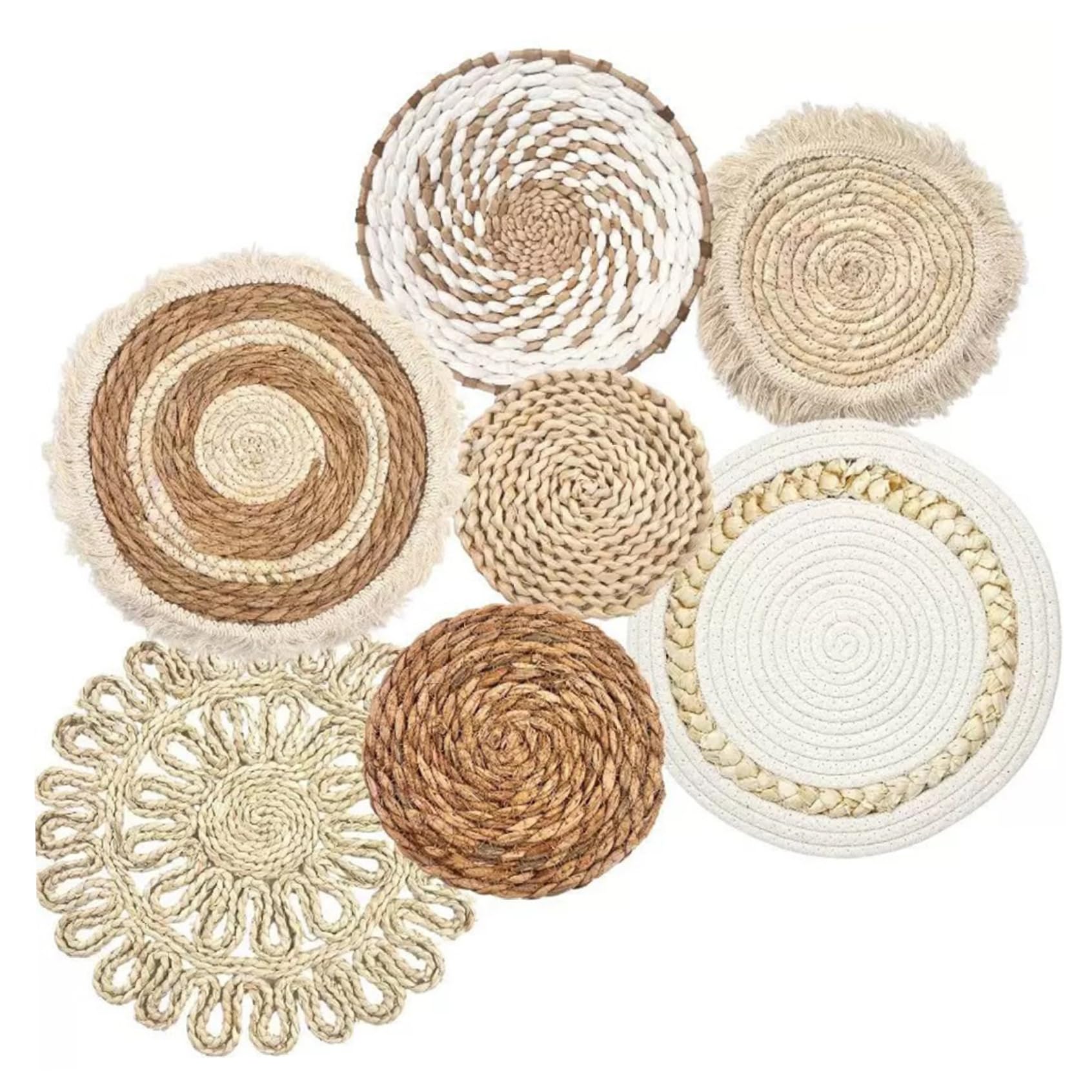 Panier mural tissé suspendu décor, paniers muraux boho 7pcs / régler différentes taille et style Boho panier décor paille et rond art décoratif pour le salon, chambre à coucher, ferme, pépinière